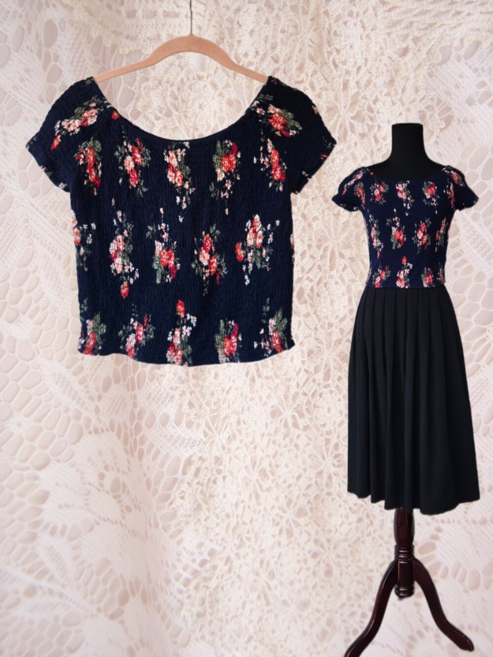 Japna Navy Blue Shirred Crop Top Large Ditsy Floral Red Rose Print Off Shoulder